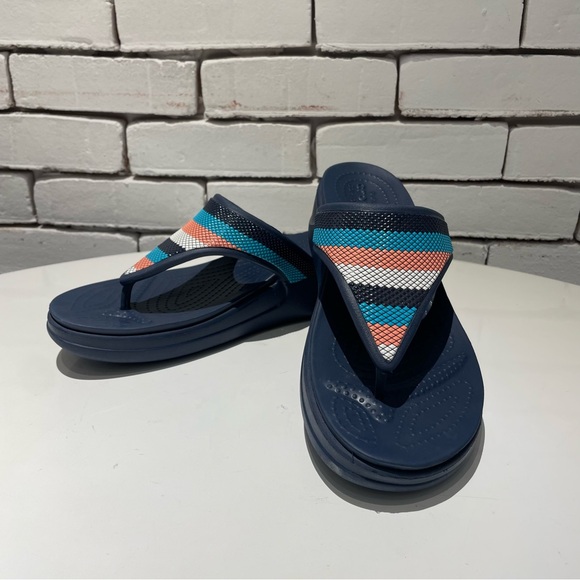 CROCS Shoes - CROCS Monterey Women’s Beaded Stripe Wedge  Blue Sandals